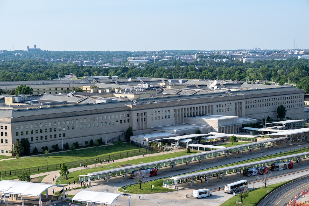 An aerial view of one side of the Pentagon showing bus bays.