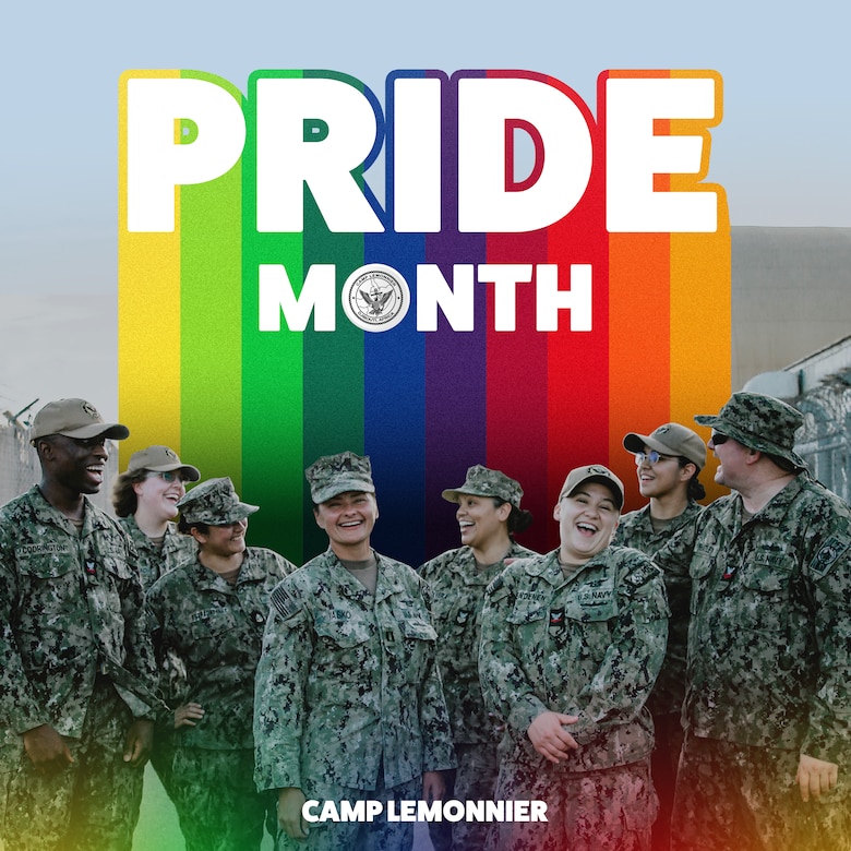 A graphic of people in military uniform with streams of color behind them illustrates the Pride theme.