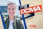 Graphic of a smiling lady over a colorful background with text that reads: My DCMA Emily Craig