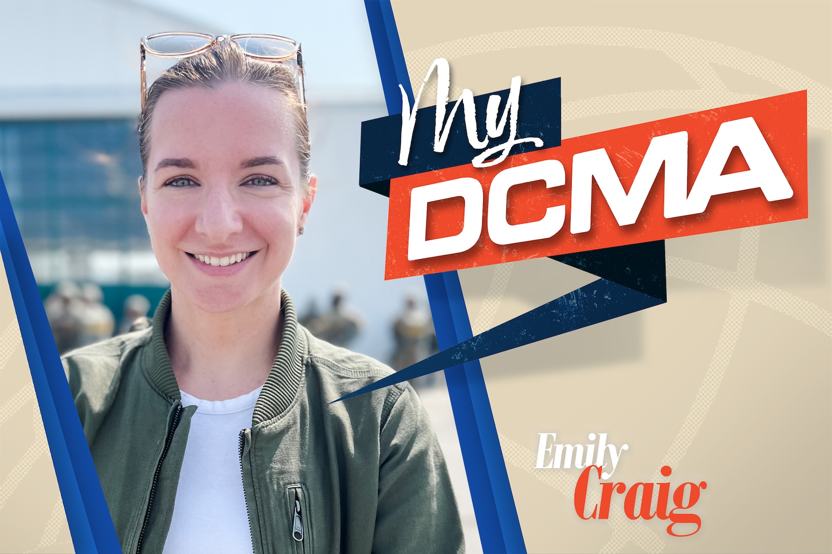 Graphic of a smiling lady over a colorful background with text that reads: My DCMA Emily Craig