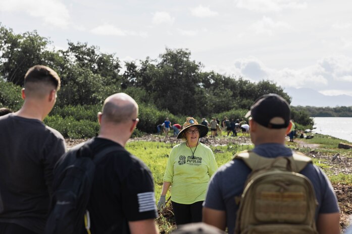 Sandy Ward, Hui o Ho’ohonua (HOH808) co-founder and executive director, prepares for a day of environmental clean-up at Kapapapuhi Point Park, Hawaii, June 2, 2023. The clean-up celebrated and recognized all the work that has been accomplished by 3rd Radio Battalion in partnership with HOH808 and various volunteers at Nu’upia Ponds within the last 18 months. (U.S. Marine Corps photo by Lance Cpl. Clayton Baker)