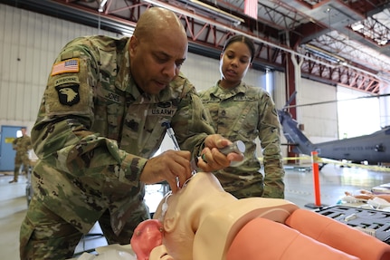 District of Columbia Army National Guard's Medical Detachment, Delta Company of 1-224th Aviation Regiment, and Detachment 2, Golf Company, 2-104th General Support Aviation Battalion, conducted joint tactical evacuation and tactical care training at Davison Airfield, Fort Belvoir, Va., during May's drill weekend.
The training included 9-Line emergency medical evacuation request training, casualty response and emergency care. 
(U.S. Army National Guard photos by Staff Sgt. Tyrone Williams)