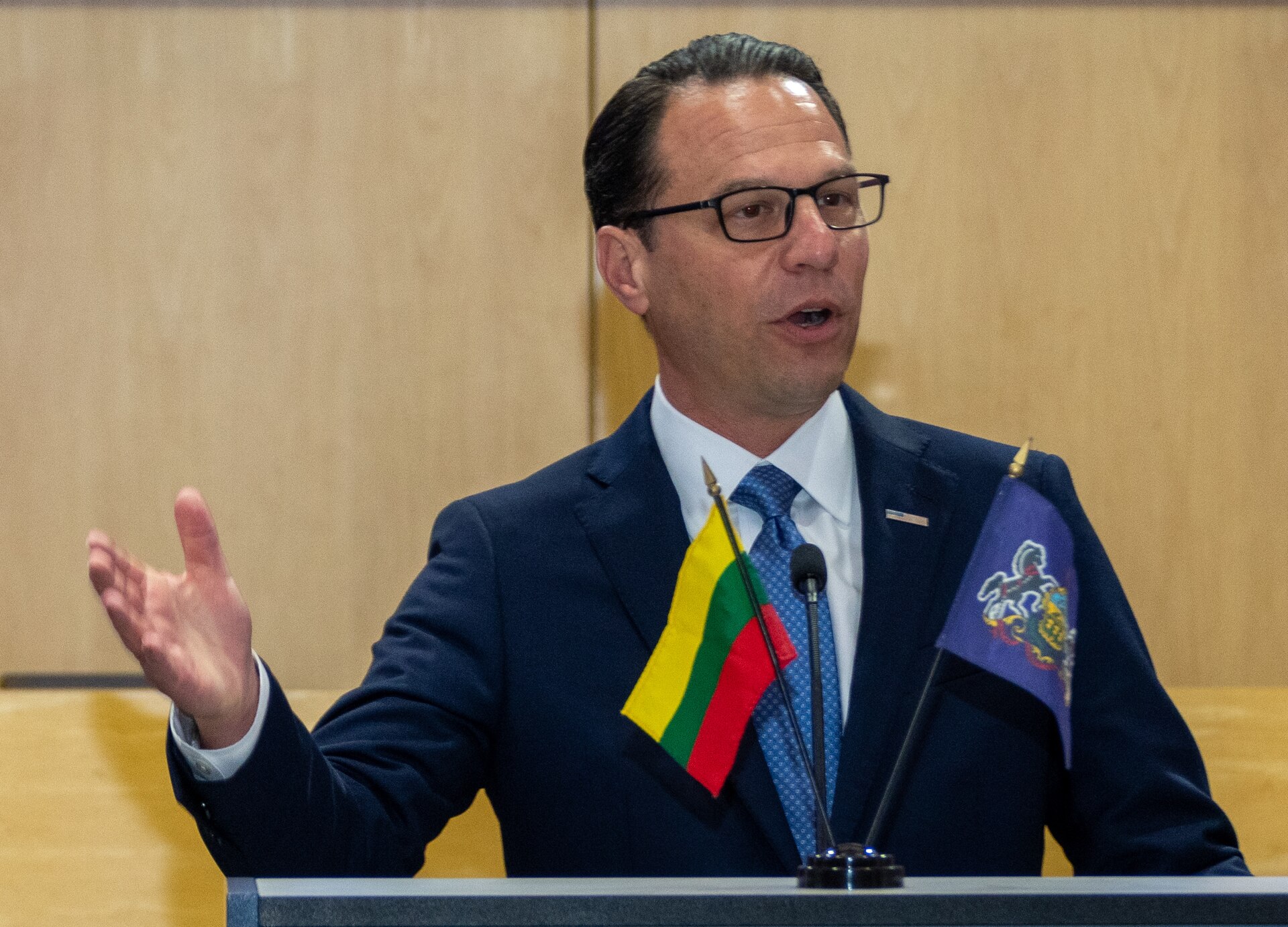 Pennsylvania Gov. Josh Shapiro speaks during a ceremony celebrating the 30th anniversary of the partnership between the Pennsylvania National Guard and Lithuania June 6 in Harrisburg, Pa. (Pennsylvania National Guard photo by Wayne V. Hall)