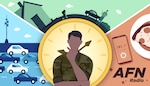 Illustration of a service member thinking about different parts of their day, including traffic on a busy road, getting into a car in front of a house, eating pizza while listening to a podcast, all in front of a clock. AFN Radio text at the bottom right.