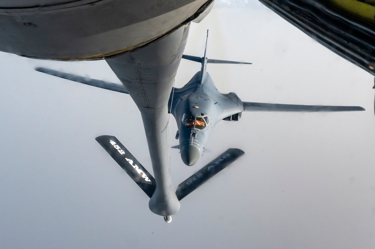 A U.S. Air Force B-1 Lancer approaches to start aerial refueling from a KC-135 Stratotanker assigned to the 912th Expeditionary Air Refueling Squadron while conducting a Bomber Task Force mission over the U.S. Central Command area of responsibility, June 8, 2023.