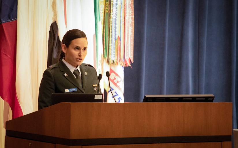 Maj. Chen Shmallo-Mantzur, Israel Defense Forces, delivers a speech during her graduation ceremony from the 71st Judge Advocate Graduate Course at the Judge Advocate General’s Legal Center and School, in Charlottesville, V.A., June 1, 2023. Shmallo-Mantzur spoke frankly regarding some of her challenges, such as learning the distinct differences between U.S. military justice and the justice system of her respective country. (U.S. Army photo by Sgt. Egypt Johnson)