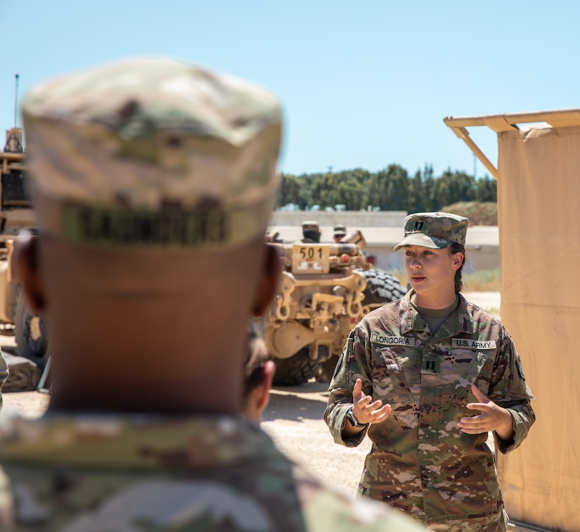 Capt. Amanda Longoria, 673d Quartermaster Company gives a brief to the Israeli Defense Forces and 1st Theater Sustainment Command - Operational Command Post command team