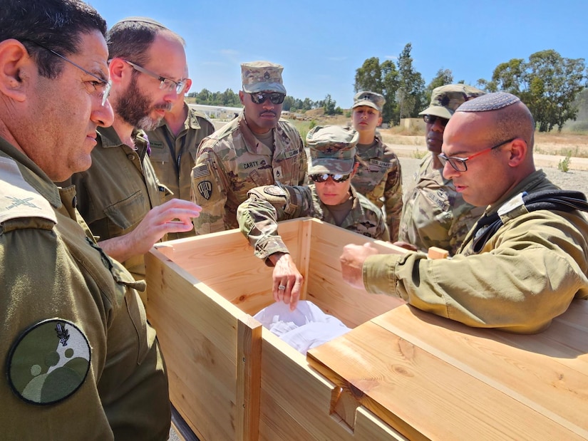 Israeli Defense Forces give mortuary affairs presentation to 1st Theater Sustainment Command - Operational Command Post command team and 673d Quartermaster Company mortuary affairs team