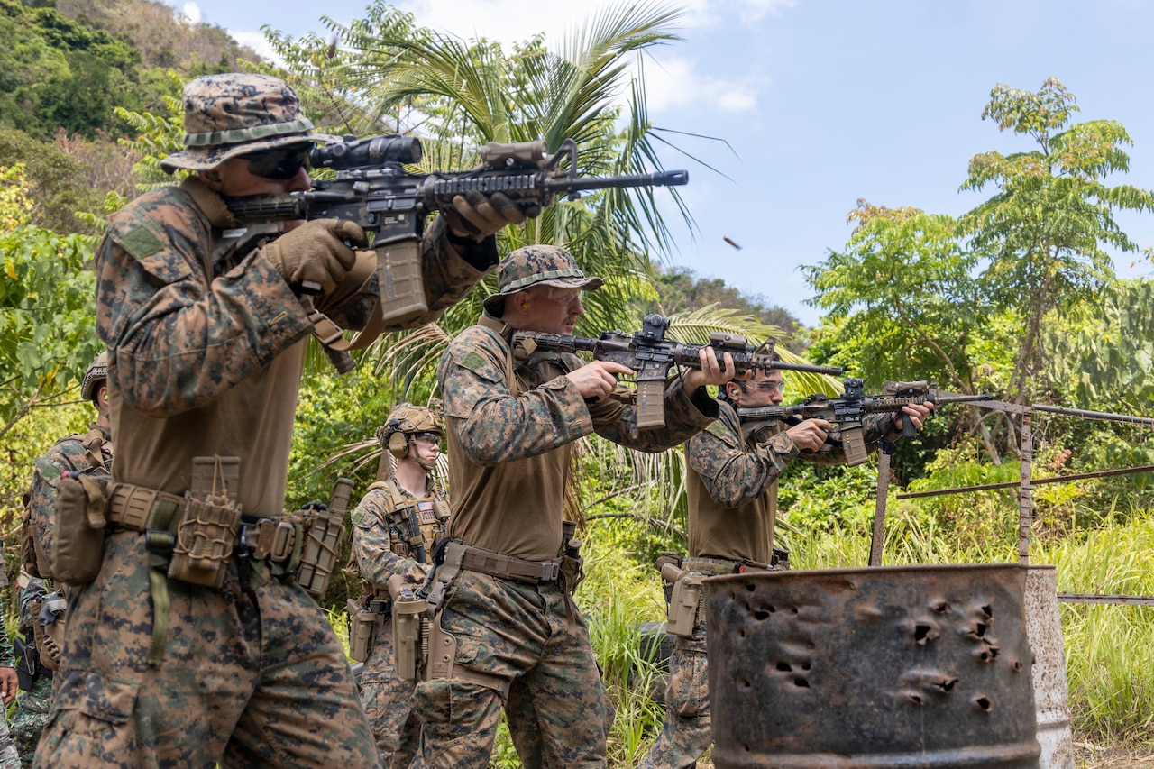 Troops fire carbines.