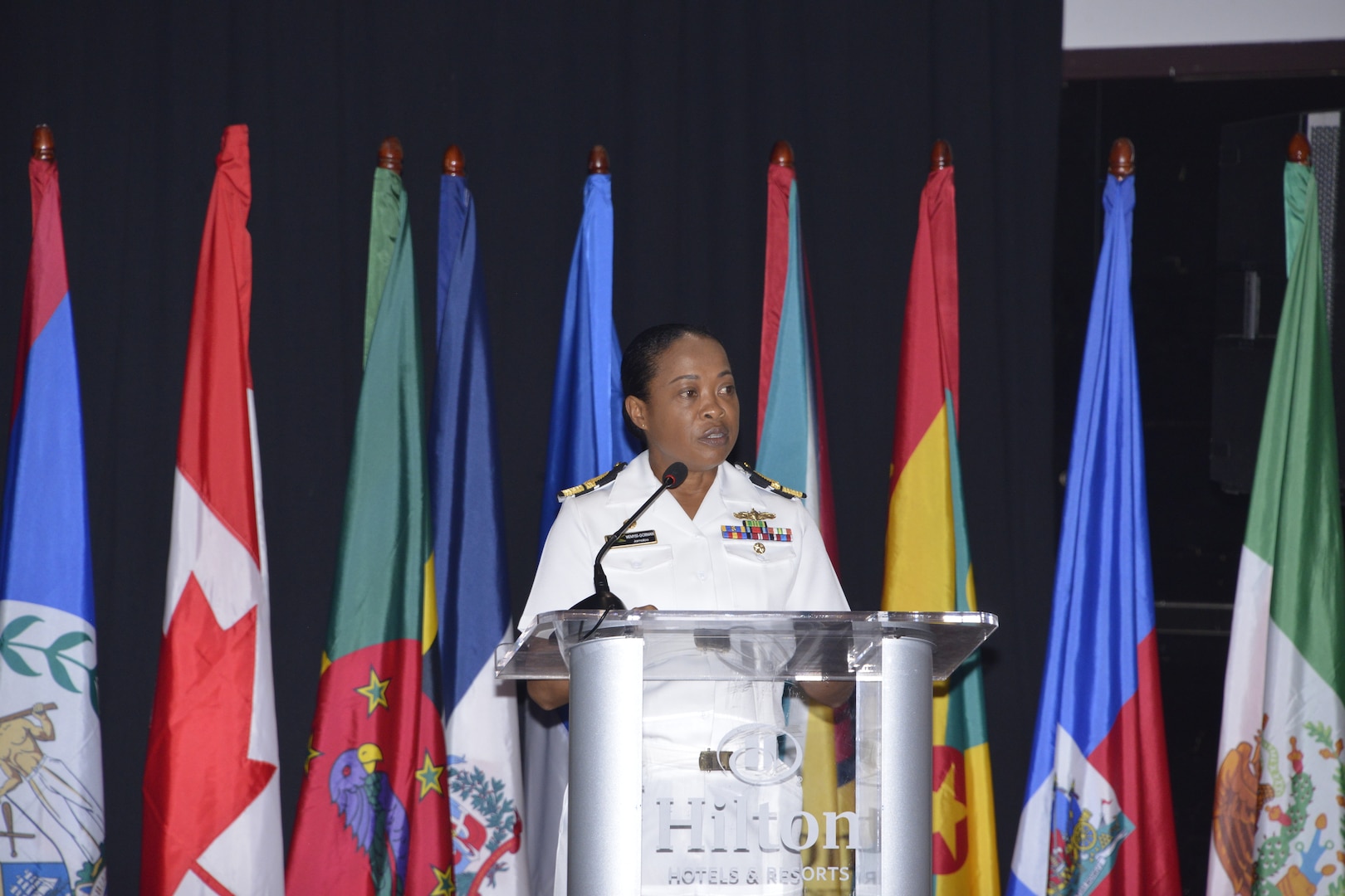Chief of Defence Staff of Jamaican Defense Force, Rear Adm. Antonette Wemyss-Gorman, speaks during the opening ceremony for the Caribbean Nations Security Conference (CANSEC 2023).