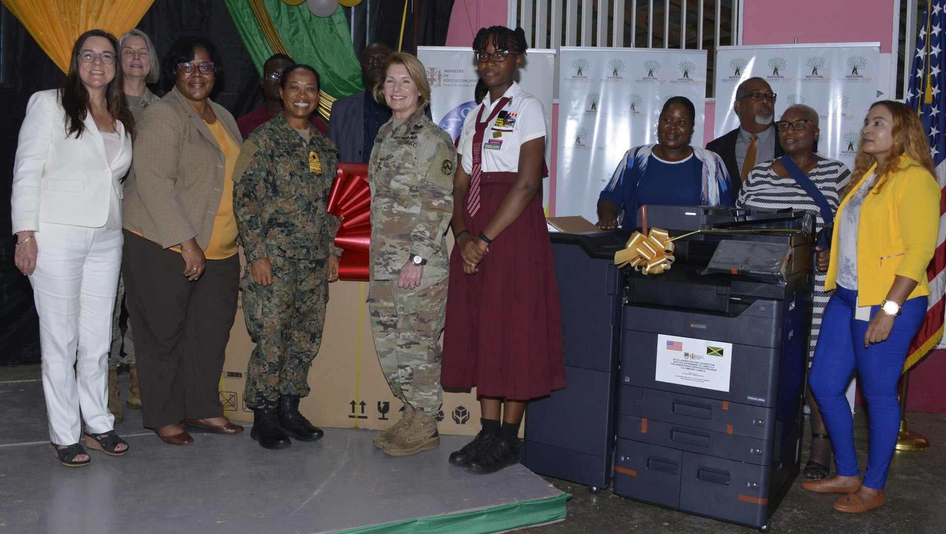 he commander of U.S. Southern Command, U.S. Army Gen. Laura Richardson, poses for a photo along with Jamaican dignitaries and students.