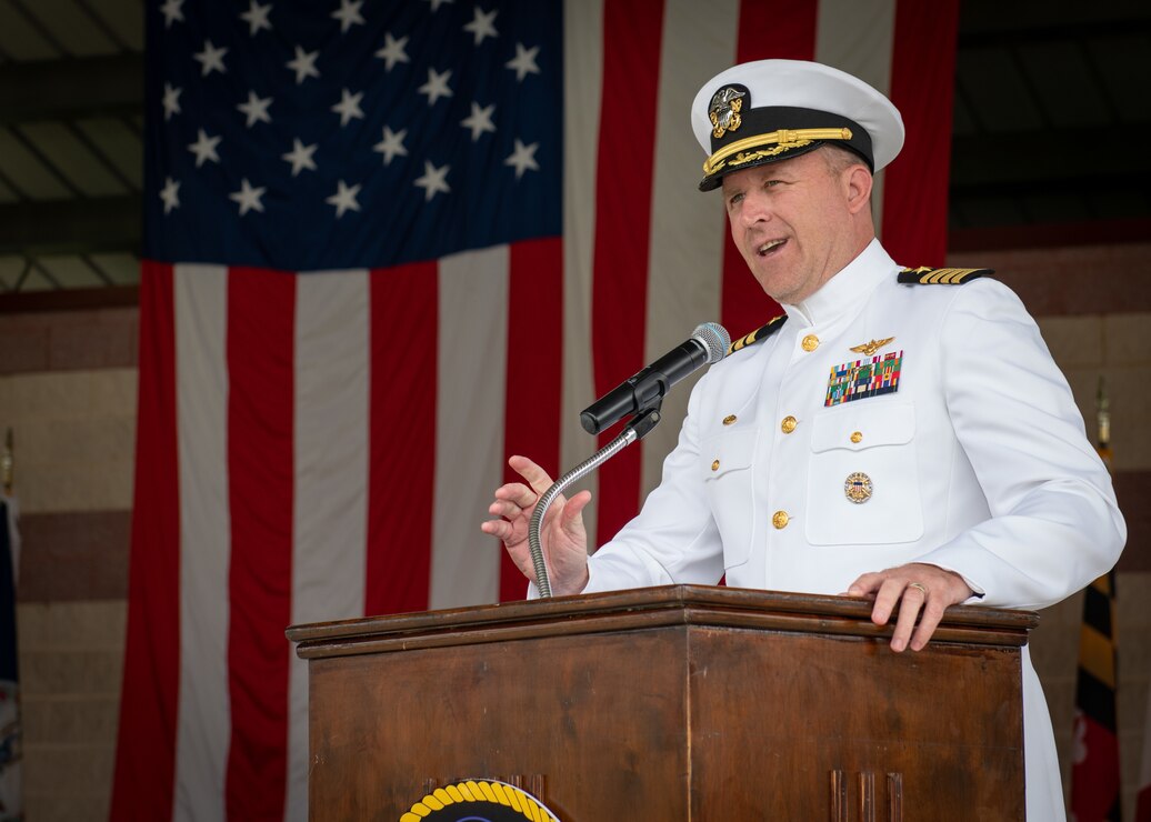WASHINGTON (June 1, 2023) - U.S. Navy Capt. Todd Copeland speaks to guests in attendance during a change of command ceremony on board Naval Support Facility Dahlgren, June 1, 2023. During the change of command, U.S. Navy Capt. David Wilson relieved Copeland as Naval Support Activity's commanding officer. (U.S. Navy Photo by Mass Communication Specialist 2nd Class Griffin Kersting)