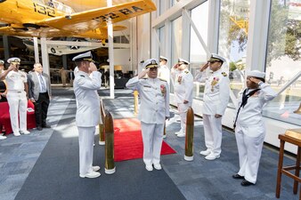 Chief of Naval Personnel Vice Adm. Rick Cheeseman is piped aboard during Naval Education and Training Command’s (NETC) change of command ceremony at the National Naval Aviation Museum onboard Naval Air Station Pensacola, Florida, June 8, 2023. Rear Adm. Jeffrey Czerewko relieved Rear Adm. Pete Garvin and became the 21st commander of NETC. NETC's mission is to recruit, train and deliver those who serve our nation, taking them from street-to-fleet by forging civilians into highly skilled, operational and combat ready warfighters. (United States Navy photo by Mass Communication Specialist 1st Class Zachary Melvin)
