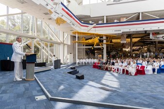 Rear Adm. Pete Garvin, commander, Naval Education and Training Command (NETC), gives remarks during NETC’s change of command ceremony at the National Naval Aviation Museum onboard Naval Air Station Pensacola, Florida, June 8, 2023. Rear Adm. Jeffrey Czerewko relieved Garvin and became the 21st commander of NETC. NETC's mission is to recruit, train and deliver those who serve our nation, taking them from street-to-fleet by forging civilians into highly skilled, operational and combat ready warfighters. (United States Navy photo by Mass Communication Specialist 1st Class Zachary Melvin)