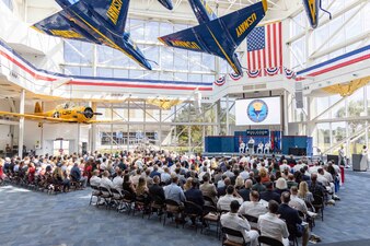Rear Adm. Pete Garvin, commander, Naval Education and Training Command (NETC), gives remarks during NETC’s change of command ceremony at the National Naval Aviation Museum onboard Naval Air Station Pensacola, Florida, June 8, 2023. Rear Adm. Jeffrey Czerewko relieved Garvin and became the 21st commander of NETC. NETC's mission is to recruit, train and deliver those who serve our nation, taking them from street-to-fleet by forging civilians into highly skilled, operational and combat ready warfighters. (United States Navy photo by Mass Communication Specialist 1st Class Zachary Melvin)