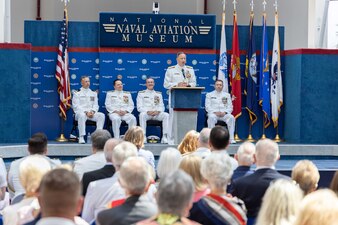 Rear Adm. Jeffrey Czerewko, commander, Naval Education and Training Command (NETC), gives remarks during NETC’s change of command ceremony at the National Naval Aviation Museum onboard Naval Air Station Pensacola, Florida, June 8, 2023. Czerewko relieved Rear Adm. Pete Garvin and became the 21st commander of NETC. NETC's mission is to recruit, train and deliver those who serve our nation, taking them from street-to-fleet by forging civilians into highly skilled, operational and combat ready warfighters. (United States Navy photo by Mass Communication Specialist 1st Class Zachary Melvin)