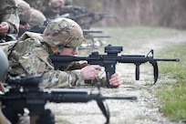 Alaska Air National Guard Master Sgt. David Burch, 168th Vehicle Maintenance Flight, 168th Logistics Readiness Squadron, 168th Wing, fires a M4 carbine rifle, during the TAG Match at the Fort Wainwright Range Complex June 4, 2023. The TAG Match is an annual marksmanship competition designed to challenge and test basic shooting fundamentals.