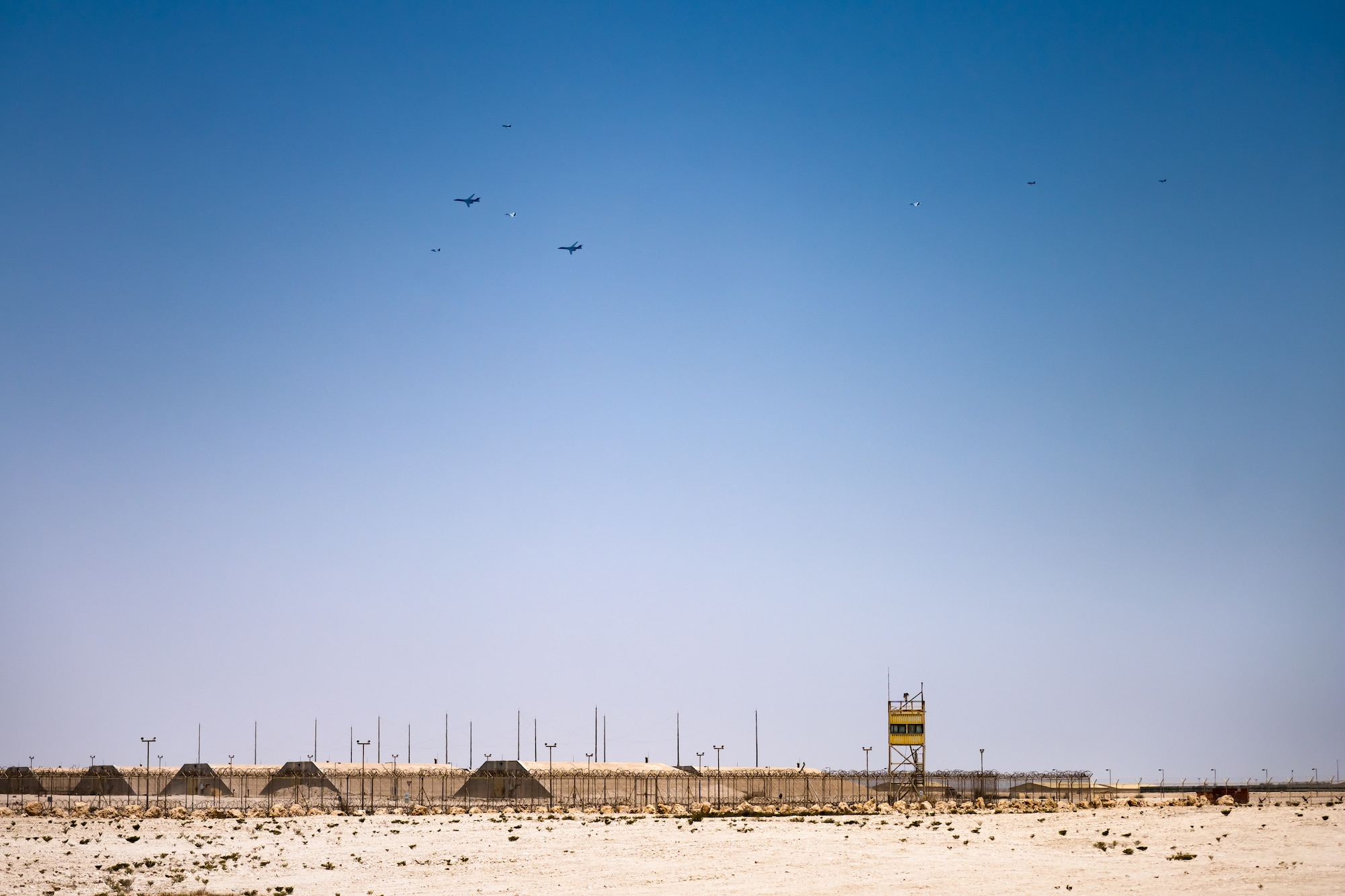 U.S. Air Force B1-B Lancers are escorted by coalition fighters over Al Udeid Air Base, Qatar, during a Bomber Task Force June 8, 2023.