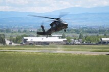 A U.S. Army UH-60 Black Hawk arrives at Fort William Henry Harrison, Mont., May 30, 2023. Soldiers with the Montana National Guard provided airlift support for Operation Avalanche Defender, an exercise coordinated and conducted by the 841st Missile Security Forces Squadron at Malmstrom Air Force Base, Mont.