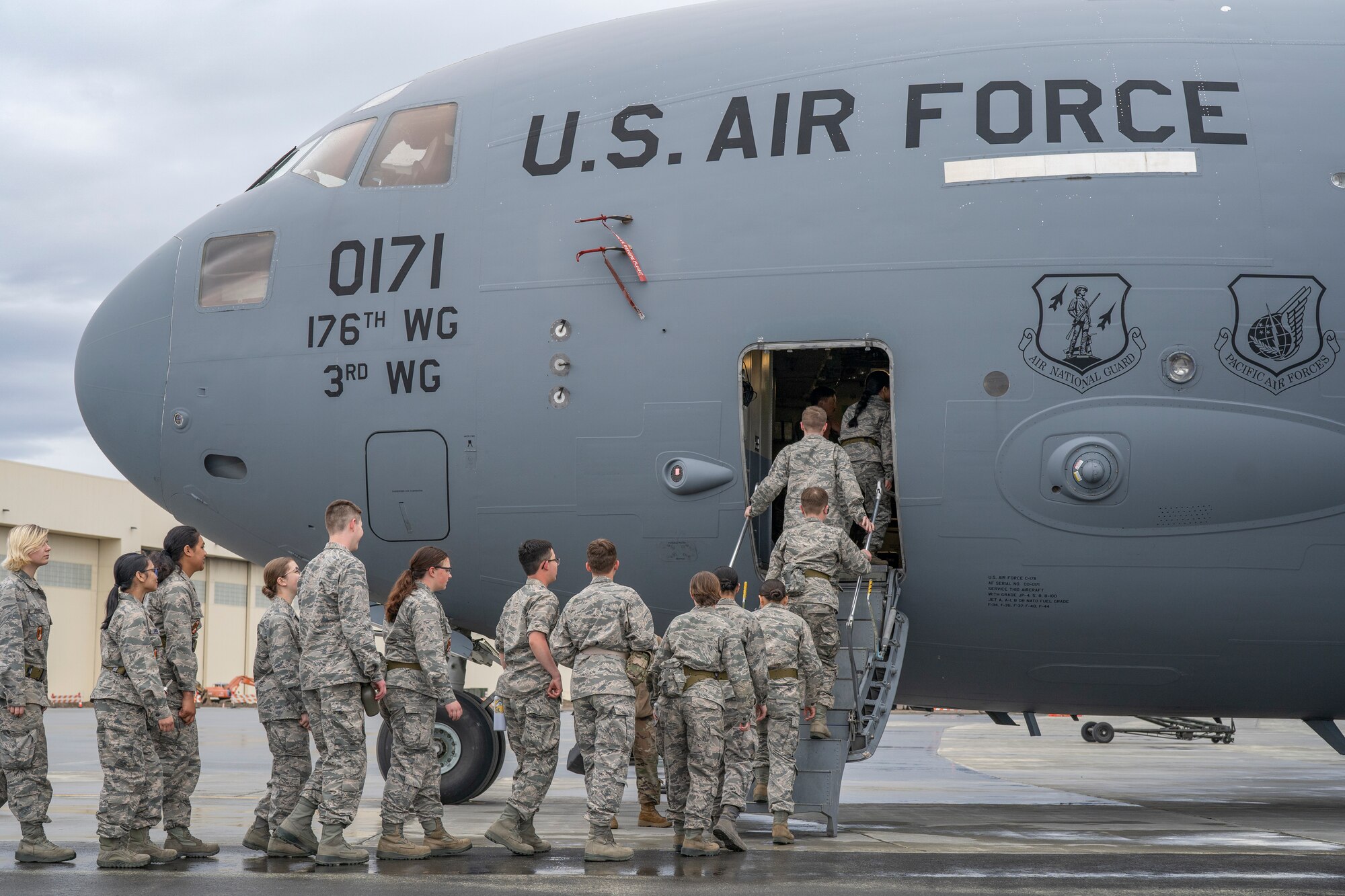 As part of a week-long camp, Air Force Junior Reserve Officers’ Training Corps cadets from three local high schools toured multiple aircraft and Alaska Air National Guard facilities, and flew in an HC-130J Combat King II assigned to the 176th Wing and 3rd Wing at Joint Base Elmendorf-Richardson, Alaska, June 6, 2023.