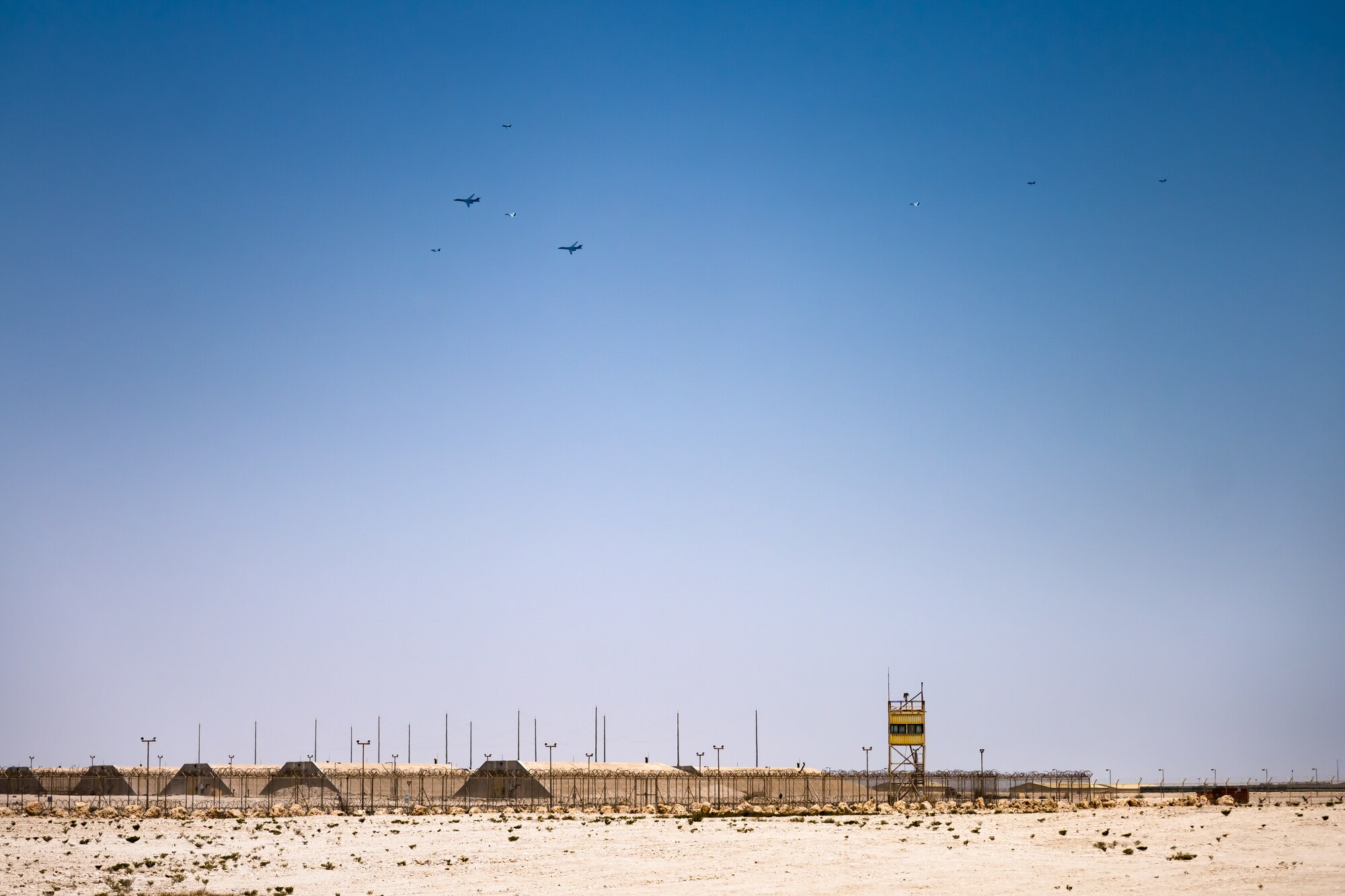 U.S. Air Force B1-B Lancers are escorted by coalition fighters over Al Udeid Air Base, Qatar, during a Bomber Task Force June 8, 2023.