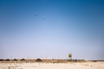 U.S. Air Force B1-B Lancers are escorted by coalition fighters over Al Udeid Air Base, Qatar, during a Bomber Task Force June 8, 2023.