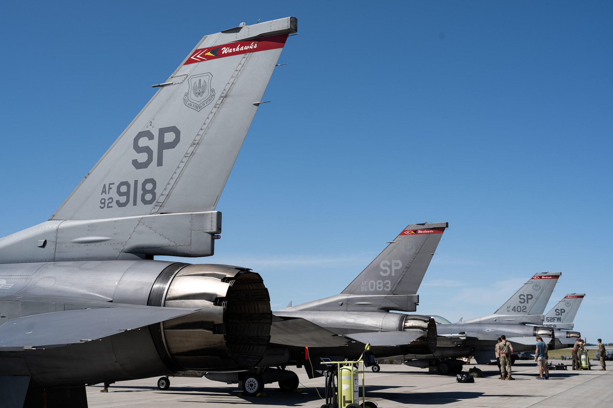U.S. F-16 Fighting Falcons with the 480th Fighter Squadron, Spangdahlem Air Base, Germany, line the ramp at Powidz AB, Poland