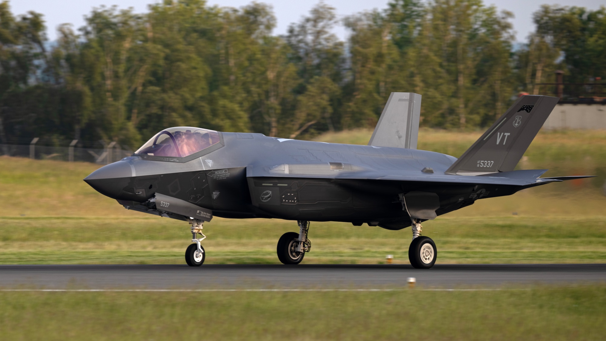 U.S. Air Force F-35A Lightning II aircraft arrive at Spangdahlem Air Base, Germany.