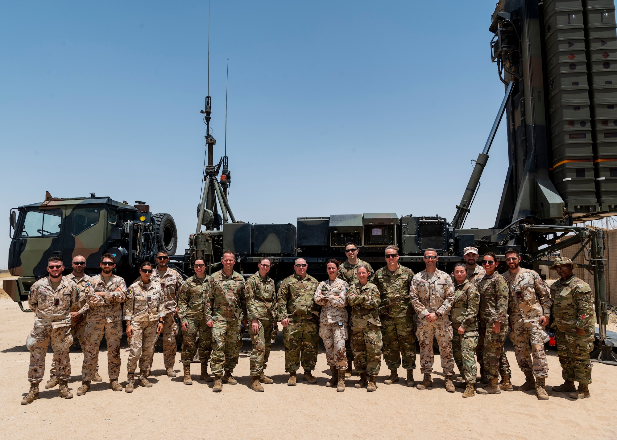 U.S. Airmen from the 386th Air Expeditionary Wing participate in an open day at the Italian SAMP-T site at Ali Al Salem Airbase, Kuwait, June 5, 2023.