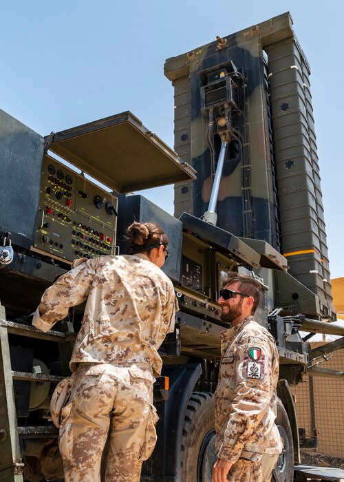 U.S. Airmen from the 386th Air Expeditionary Wing participate in an open day at the Italian SAMP-T site at Ali Al Salem Airbase, Kuwait, June 5, 2023.