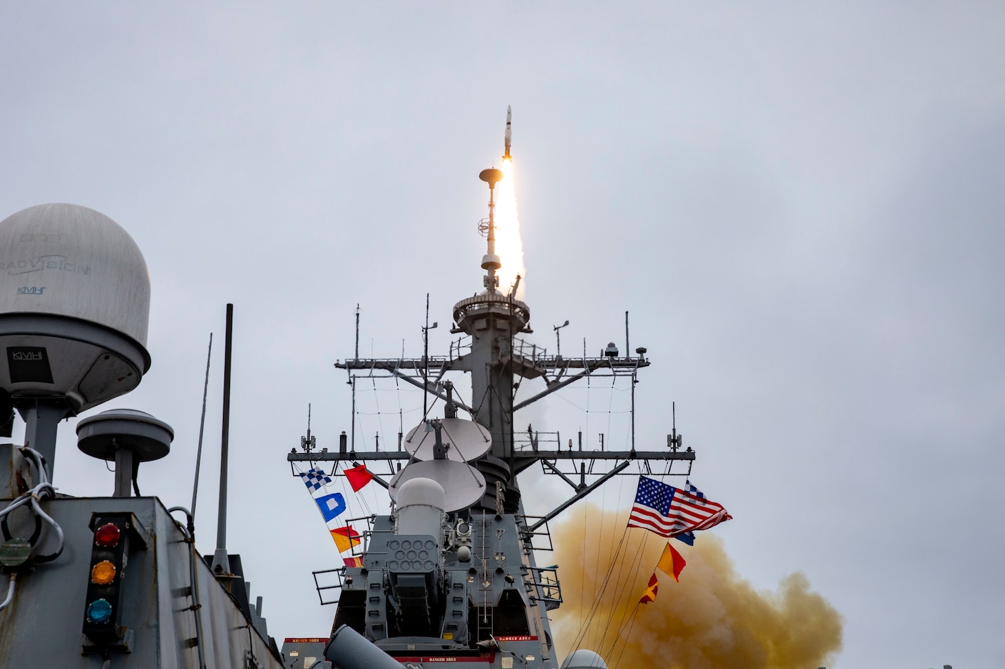 The Arleigh Burke-class guided-missile destroyer USS Porter (DDG 78) launches a Standard Missile-2 Block 3A interceptor missile during a live-fire exercise in support of exercise Formidable Shield 2023, May 20, 2023. Formidable Shield is a biennial exercise involving a series of live-fire events against subsonic, supersonic, and ballistic targets, incorporating multiple Allied ships, aircraft, and ground forces working across battle spaces to deliver effects. (U.S. Navy photo by Mass Communication Specialist 2nd Class Sawyer Connally)