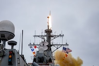 The Arleigh Burke-class guided-missile destroyer USS Porter (DDG 78) launches a Standard Missile-2 Block 3A interceptor missile during a live-fire exercise in support of exercise Formidable Shield 2023, May 20, 2023. Formidable Shield is a biennial exercise involving a series of live-fire events against subsonic, supersonic, and ballistic targets, incorporating multiple Allied ships, aircraft, and ground forces working across battle spaces to deliver effects. (U.S. Navy photo by Mass Communication Specialist 2nd Class Sawyer Connally)