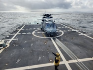 A French NATO NH90 helicopter lands aboard the Spanish Navy Álvaro de Bazán-class frigate ESPS Blas De Lezo (F 103) during exercise Formidable Shield 2023, May 16, 2023. Formidable Shield is a biennial integrated air and missile defense (IAMD) exercise involving a series of live-fire events against subsonic, supersonic, and ballistic targets, incorporating multiple Allied ships, aircraft, and ground forces working across battlespaces to deliver effects. (U.S. Navy photo by Lt. Dylan Kelly)
