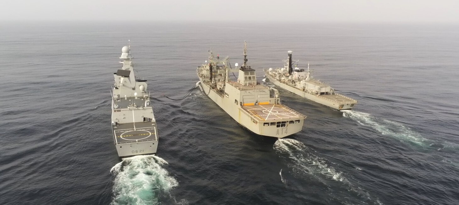 From left to right, French Navy Horizon-class frigate Chevalier Paul, Spanish Oiler Patiño, and Royal Navy Type-23 frigate HMS Kent conduct a replenishment-at-sea while underway in the North Atlantic Ocean in support of exercise Formidable Shield 2023, May 19, 2023. Formidable Shield is a biennial integrated air and missile defense (IAMD) exercise involving a series of live-fire events against subsonic, supersonic, and ballistic targets, incorporating multiple Allied ships, aircraft, and ground forces working across battlespaces to deliver effects. (Courtesy photo by French Navy)