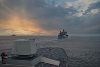 Italian Navy Carlo Bergamini-class FREMM frigate ITS Carlo Margottini (F 592) conducts a replenishment-at-sea with RFA Tidesurge (A138) while underway in the North Atlantic Ocean in support of exercise Formidable Shield 2023, May 12, 2023. Formidable Shield is a biennial integrated air and missile defense (IAMD) exercise involving a series of live-fire events against subsonic, supersonic, and ballistic targets, incorporating multiple Allied ships, aircraft, and ground forces working across battlespaces to deliver effects. (Courtesy photo by Italian Navy)