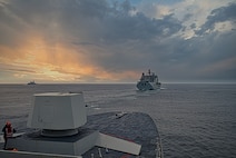 Italian Navy Carlo Bergamini-class FREMM frigate ITS Carlo Margottini (F 592) conducts a replenishment-at-sea with RFA Tidesurge (A138) while underway in the North Atlantic Ocean in support of exercise Formidable Shield 2023, May 12, 2023. Formidable Shield is a biennial integrated air and missile defense (IAMD) exercise involving a series of live-fire events against subsonic, supersonic, and ballistic targets, incorporating multiple Allied ships, aircraft, and ground forces working across battlespaces to deliver effects. (Courtesy photo by Italian Navy)