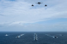NATO Ship Formation for PHOTEX

As seen from on board HMS Defender, NATO ships form up in order to conduct a PHOTEX including a fly-over by the French Air Force during Formidable Shield 23 in the North Atlantic.

Formidable Shield is a NATO joint exercise with 2023 seeing allied fleets working together in the North Atlantic from the United States, Canada, France, Netherlands, Italy and the UK. 

HMS Defender is a type 45 destroyer air defence ship. Defender and her crew have been engaged on operations over the past 3 years, covering 4 major Oceans and most of the world's seas. Assisted by her Wildcat helicopter from 815 Naval Air Squadron, the Portsmouth based destroyer will shortly be conducting NATO's major Formidable Shield 23 exercise in the North Atlantic, where the ship ship will work with the UK's allies showcasing the Type 45 destroyer as one of the world's best air defence ships.

Photographer: SLt Henry McCarthy