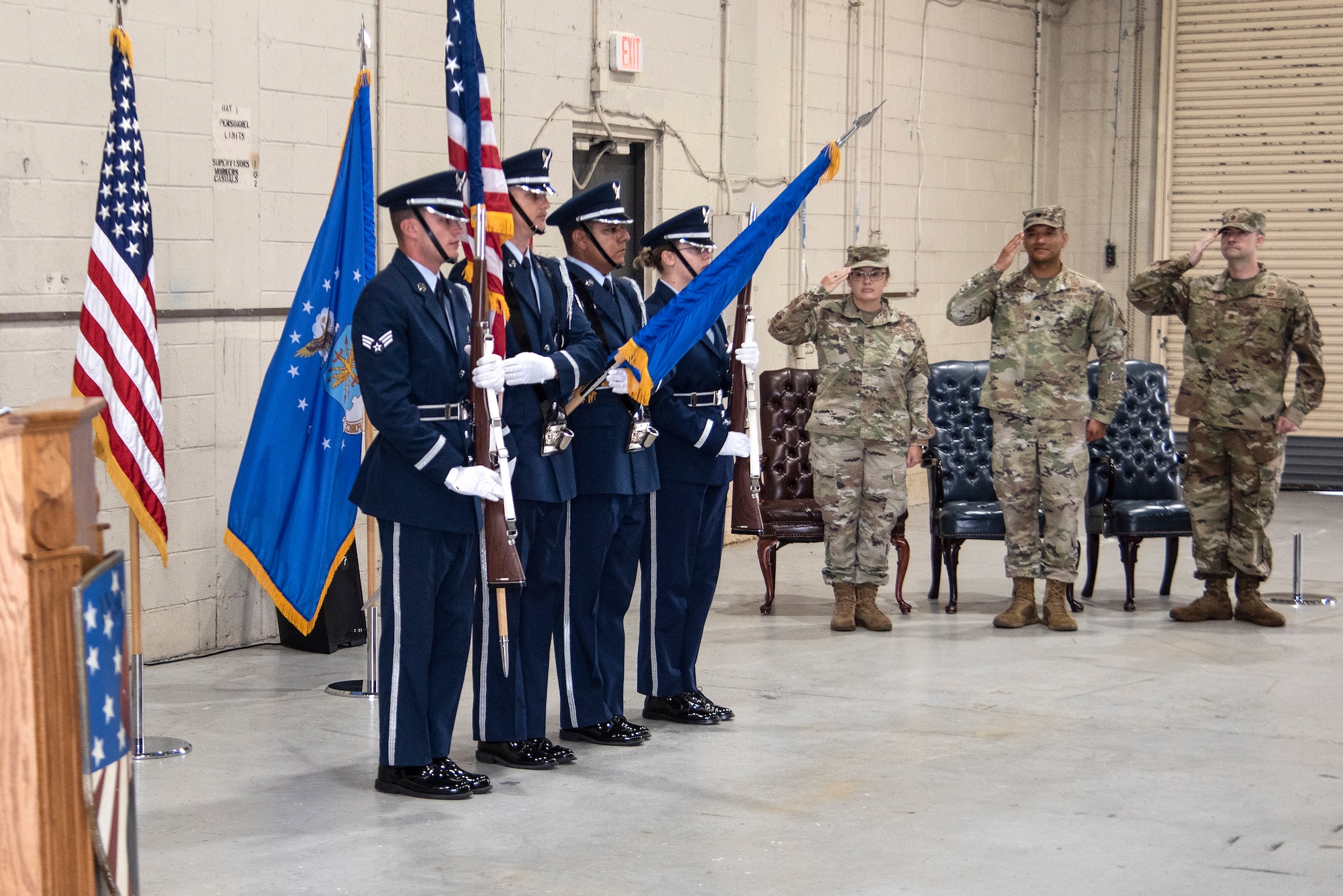 Base honor guard members post the colors during the 4th Munitions Squadron change of command ceremony at Seymour Johnson Air Force Base, North Carolina, June 6, 2023. In keeping with tradition, the ceremony gave Lt. Col. Marvin Hinkson, 4th MUNS outgoing commander, a chance to bid his Airmen farewell, and allowed the incoming commander, Maj. James Phillips, the opportunity to formally assume command of the squadron, meet the Airmen in his unit, and express his aspirations for the squadron’s future. (U.S. Air Force photo by Tech. Sgt. Christopher Hubenthal)