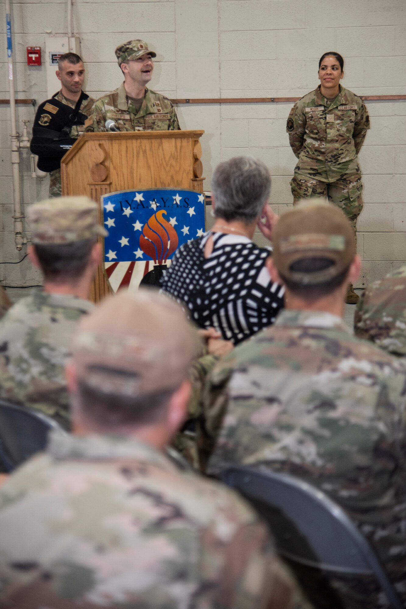 Maj. James Phillips, 4th Munitions Squadron incoming commander, addresses members of his unit during the 4th MUNS change of command ceremony at Seymour Johnson Air Force Base, North Carolina, June 1, 2023. In keeping with tradition, the ceremony gave Lt. Col. Marvin Hinkson, 4th MUNS outgoing commander, a chance to bid his Airmen farewell, and allowed Phillips the opportunity to formally assume command of the squadron, meet the Airmen in his unit, and express his aspirations for the squadron’s future. (U.S. Air Force photo by Tech. Sgt. Christopher Hubenthal)