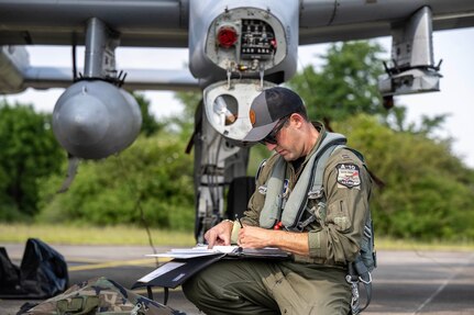 U.S. Air Force Capt. Mike Shufeldt, a pilot assigned to the 190th Fighter Squadron, 124th Fighter Wing, Idaho National Guard, conducts post-flight documentation on Lechfeld Air Base, Germany, in preparation for exercise Air Defender 2023 on June 6, 2023. Exercise AD23 integrates U.S. and allied air-power to defend shared values, while leveraging and strengthening vital partnerships to deter aggression around the world.