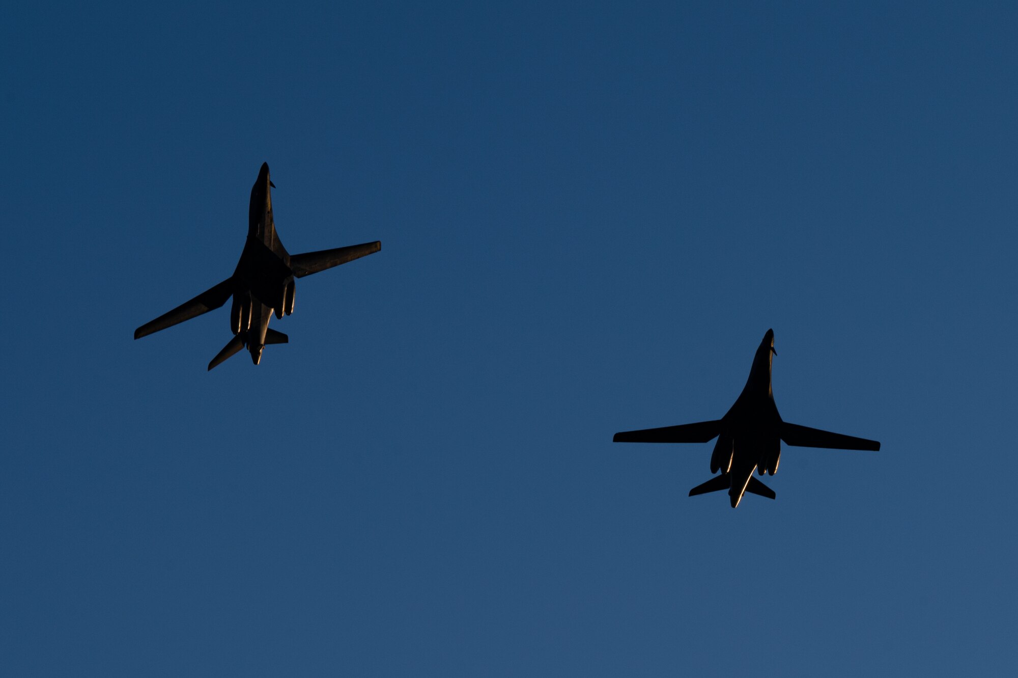 Two B-1B Lancers fly overhead at Royal Air Force Fairford, United Kingdom, June 8, 2023.