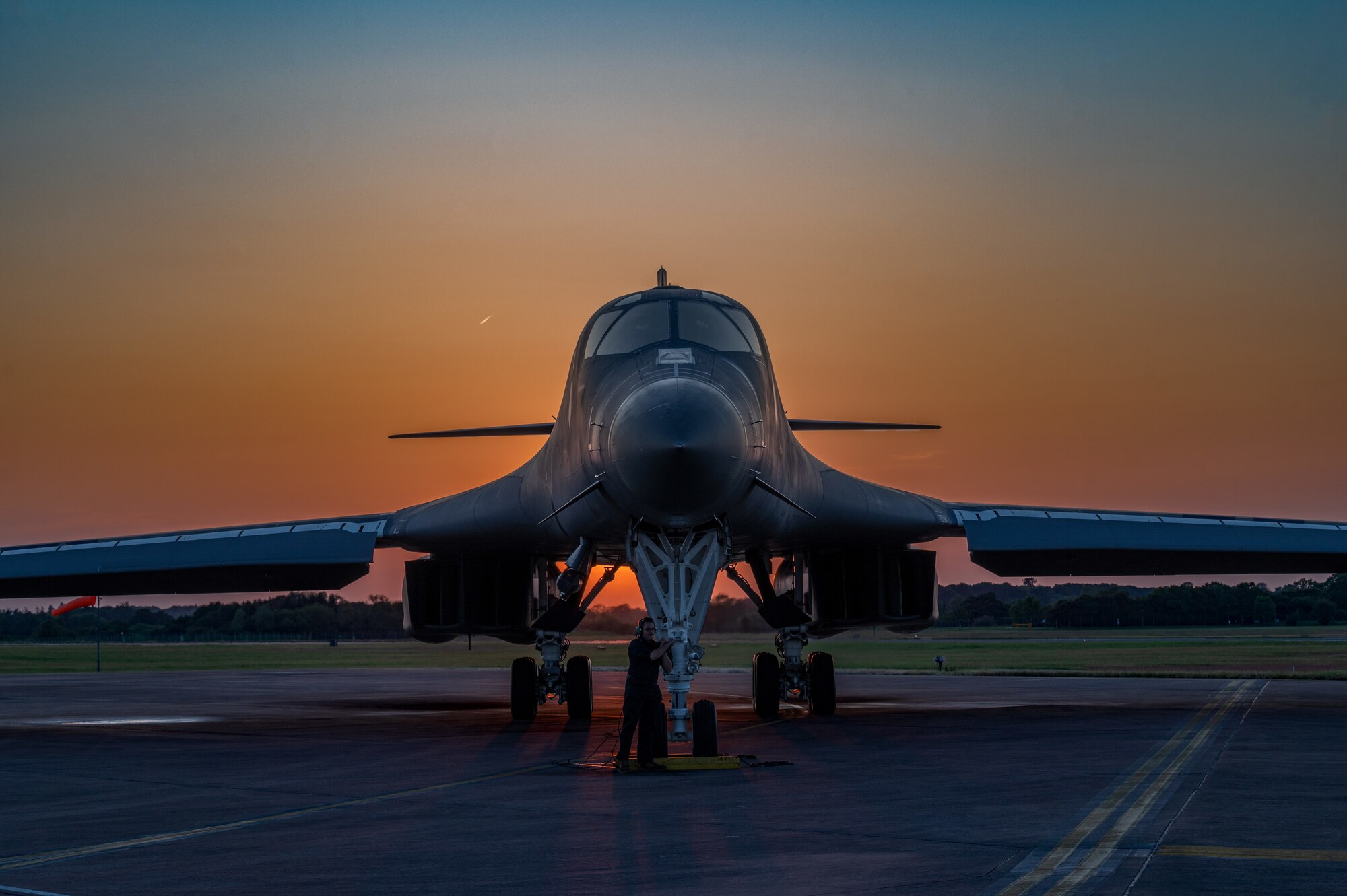 A B-1B Lancer prepares to taxi at Royal Air Force Fairford, United Kingdom, June 7, 2023.
