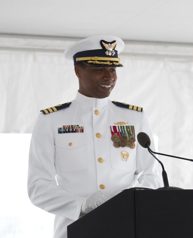 U.S. Coast Guard Cmdr. Jonathan Harris, incoming commanding officer of the USCGC Campbell (WMEC 909), speaks during the unit's change of command ceremony, June 9, 2023, at Naval Station Newport. Harris previously served as the USCGC Hamilton’s (WMSL 753) executive officer. (U.S. Coast Guard photo by Petty Officer 2nd Class Eric Desirey)