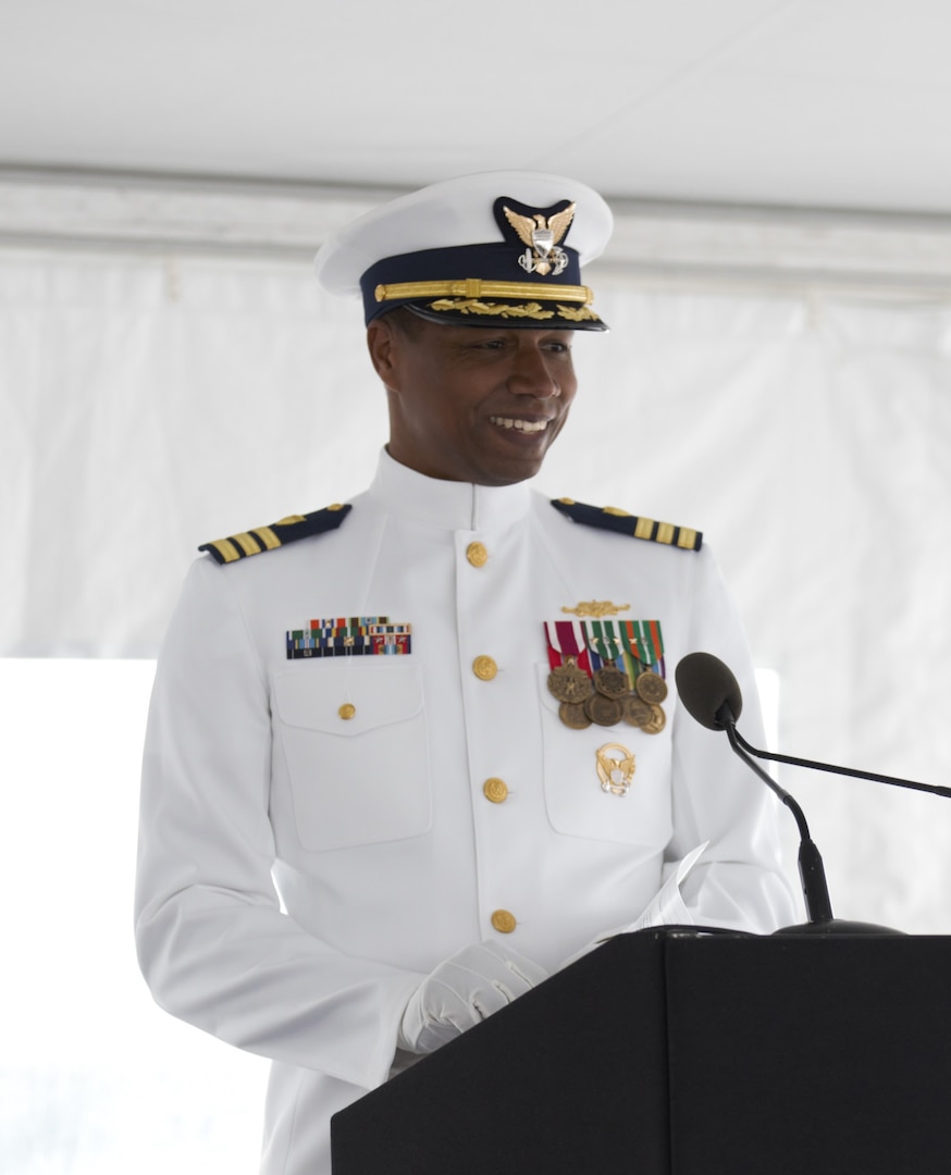 U.S. Coast Guard Cmdr. Jonathan Harris, incoming commanding officer of the USCGC Campbell (WMEC 909), speaks during the unit's change of command ceremony, June 9, 2023, at Naval Station Newport. Harris previously served as the USCGC Hamilton’s (WMSL 753) executive officer. (U.S. Coast Guard photo by Petty Officer 2nd Class Eric Desirey)