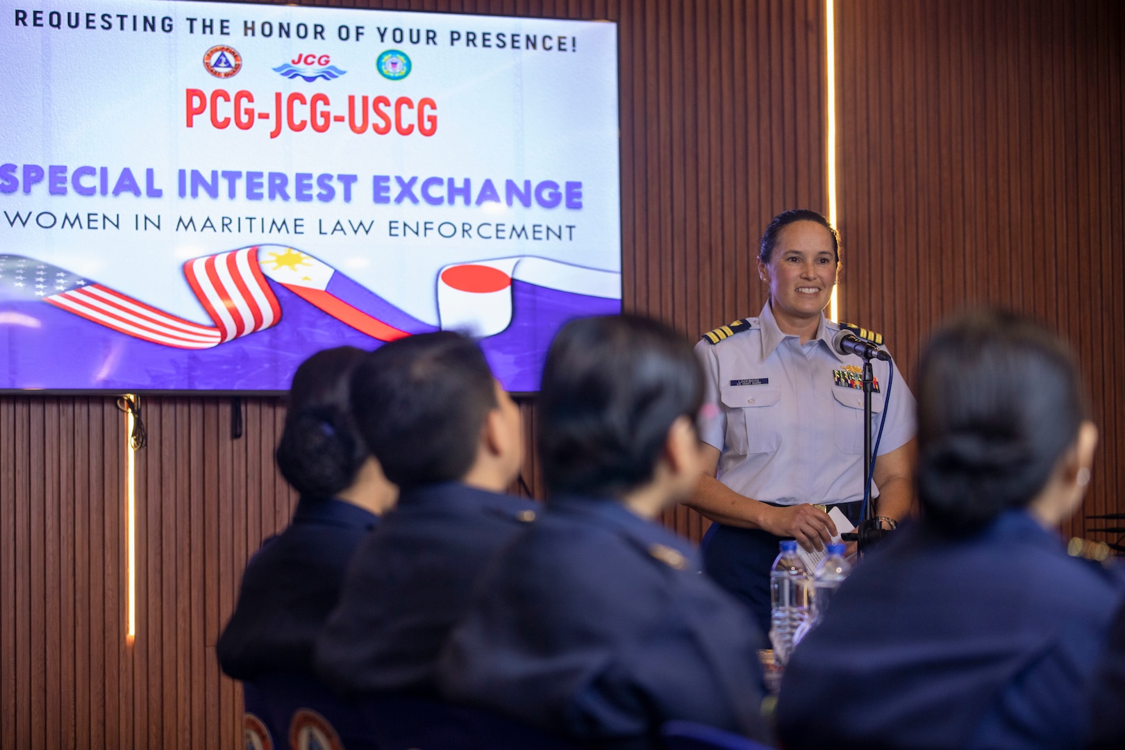 Cmdr. Amy Lockwood, executive officer of U.S. Coast Guard Cutter Stratton (WMSL 752), speaks to members of the U.S., Japan, and Philippines coast guards at a special interest exchange focused on women in maritime law enforcement held in Manila, Philippines, June 3, 2023. Stratton deployed to the Western Pacific under U.S. Navy 7th Fleet command to serve as a non-escalatory asset for the promotion of a rules-based order in the maritime domain by engaging with partner nations and allies in the region. (U.S. Navy photo by Chief Petty Officer Brett Cote)