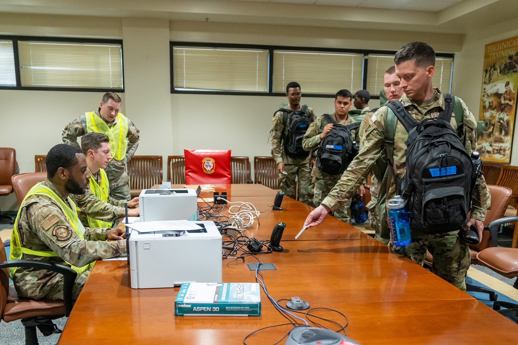 Members of the 336th Training Squadron sheltering team out-process Airmen at the Thompson Hall shelter during a hurricane exercise at Keesler Air Force Base, Mississippi, June 9, 2023.