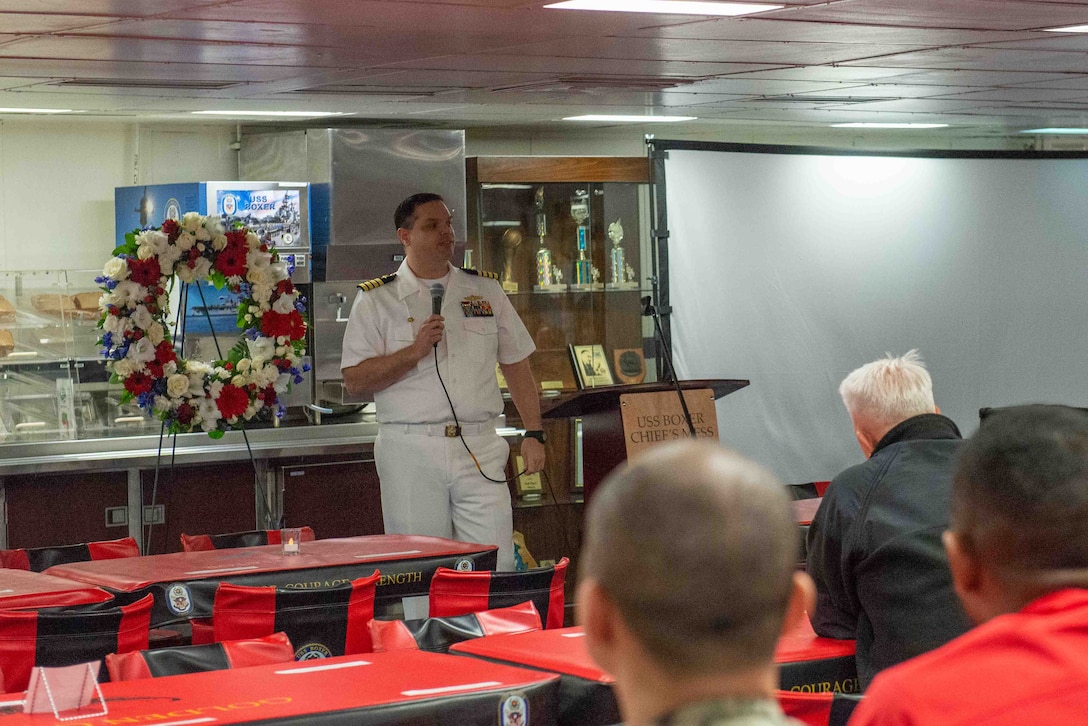 SAN DIEGO (June 7, 2023) Capt. Matthew Cieslukowski, commanding officer of USS Boxer (LHD 4), and native of Norwich, Connecticut, speaks to the crew during a ceremony commemorating the 81st  anniversary of the Battle of Midway on the mess decks. Boxer is a Wasp-class amphibious assault ship homeported in San Diego. (U.S. Navy photo by Mass Communication Specialist 2nd Class Roland Ardon)