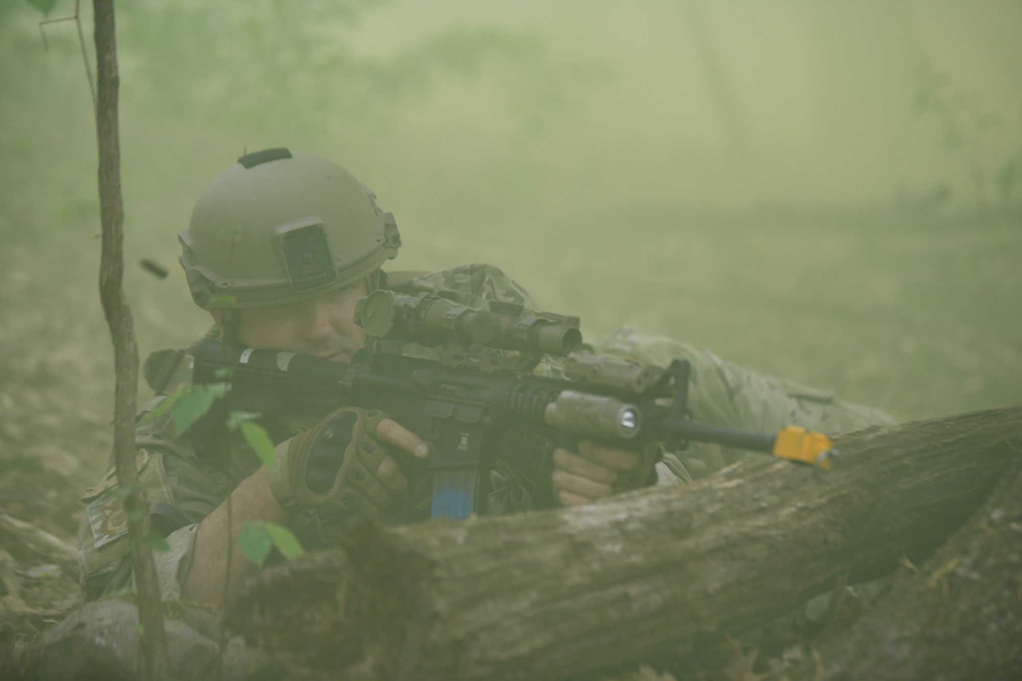 Staff Sgt. Paul Nadeau, a member of the 914th Security Forces Squadron, Niagara Falls Air Reserve Station, New York, fires blank rounds from his M4 carbine during a static defense exercise, May 19, 2023, at Camp James A. Garfield Joint Military Training Center, Ohio.