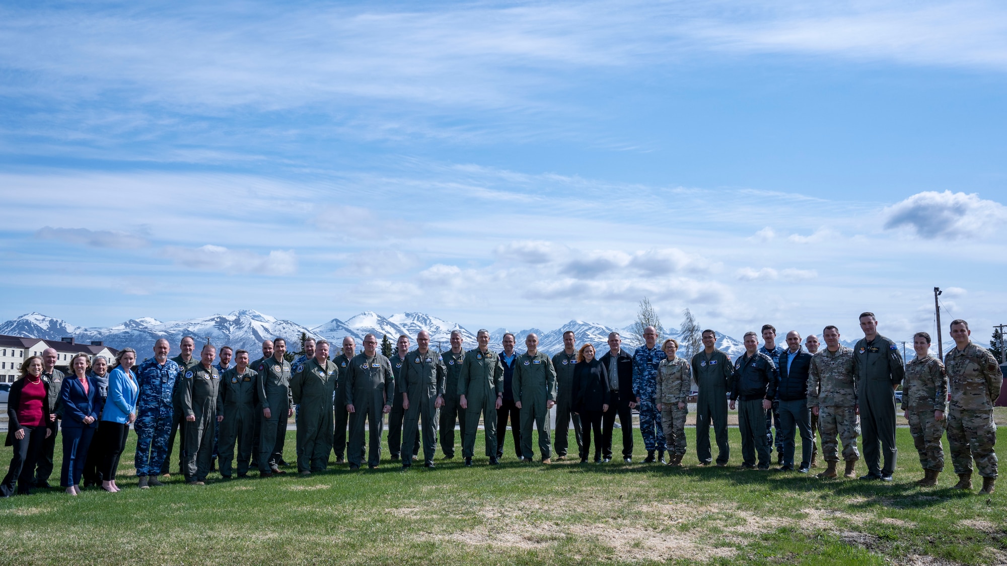 U.S. Air Force Vice Chief of Staff Gen. David Allvin and Royal Australian Air Force Deputy Chief of Air Force, Air Vice-Marshal Glen Braz pose with participants of the Air Senior National Representatives Forum at Joint Base Elmendorf-Richardson, Alaska, May 17, 2023.