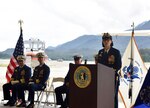 Rear Admiral Megan Dean, Seventeenth district commander, speaks during the Coast Guard 17th District change-of command ceremony at the Alaska Army National Guard Army Aviation Operating Facility in Juneau, Alaska, June 8, 2023.
 
Rear Adm. Nathan Moore transferred the command of the Coast Guard’s 17th District to Rear Adm. Megan Dean under the supervision of Vice Adm. Andrew J. Tiongson.
 
As the 17th District commander, Dean, will be responsible for all Coast Guard operations throughout Alaska, the North Pacific and the Arctic which includes protecting life and property, enforcing federal laws and treaties, preserving living marine resources, and promoting national security. Headquartered in Juneau, the 17th District encompasses 3.8 million square miles and over 44,000 miles of shoreline. During an average year the 2,500 active duty, reserve, civilian and auxiliary personnel of the 17th District save 264 lives and assist 636 people.
 
Dean was previously assigned as the Coast Guard director of governmental and public affairs. She was responsible for responsible for external engagement with Congress, the media, and other inter-governmental entities.
 
Moore, who originally took command of the 17th District in April 2021, is transferring to Portsmouth, VA., where he will serve as the deputy commander for Coast Guard Atlantic Area.
  
A change-of-command ceremony marks a transfer of total responsibility and authority from one individual to another. It is a time-honored tradition conducted before the assembled crew, as well as honored guests and dignitaries to formally demonstrate the continuity of the authority within a command